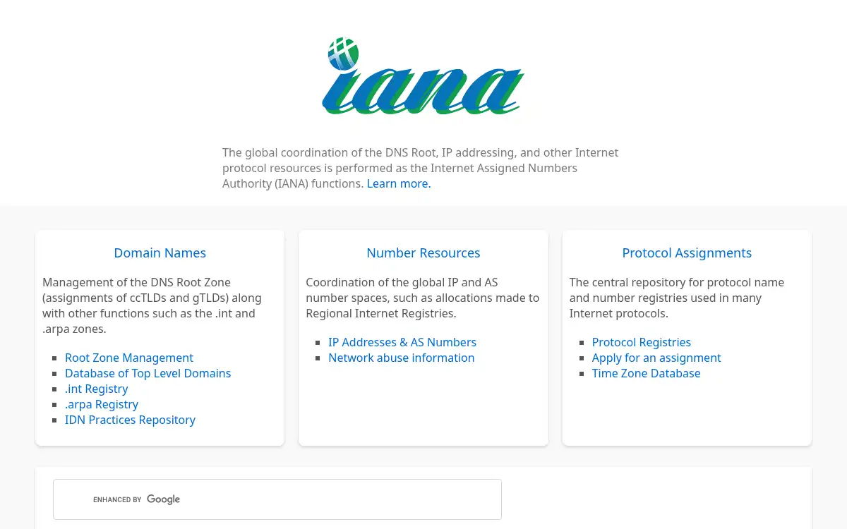 www.iana.org screenshot