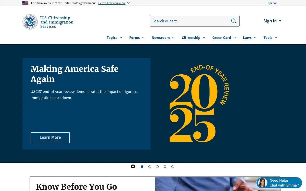Final screenshot of https://www.uscis.gov