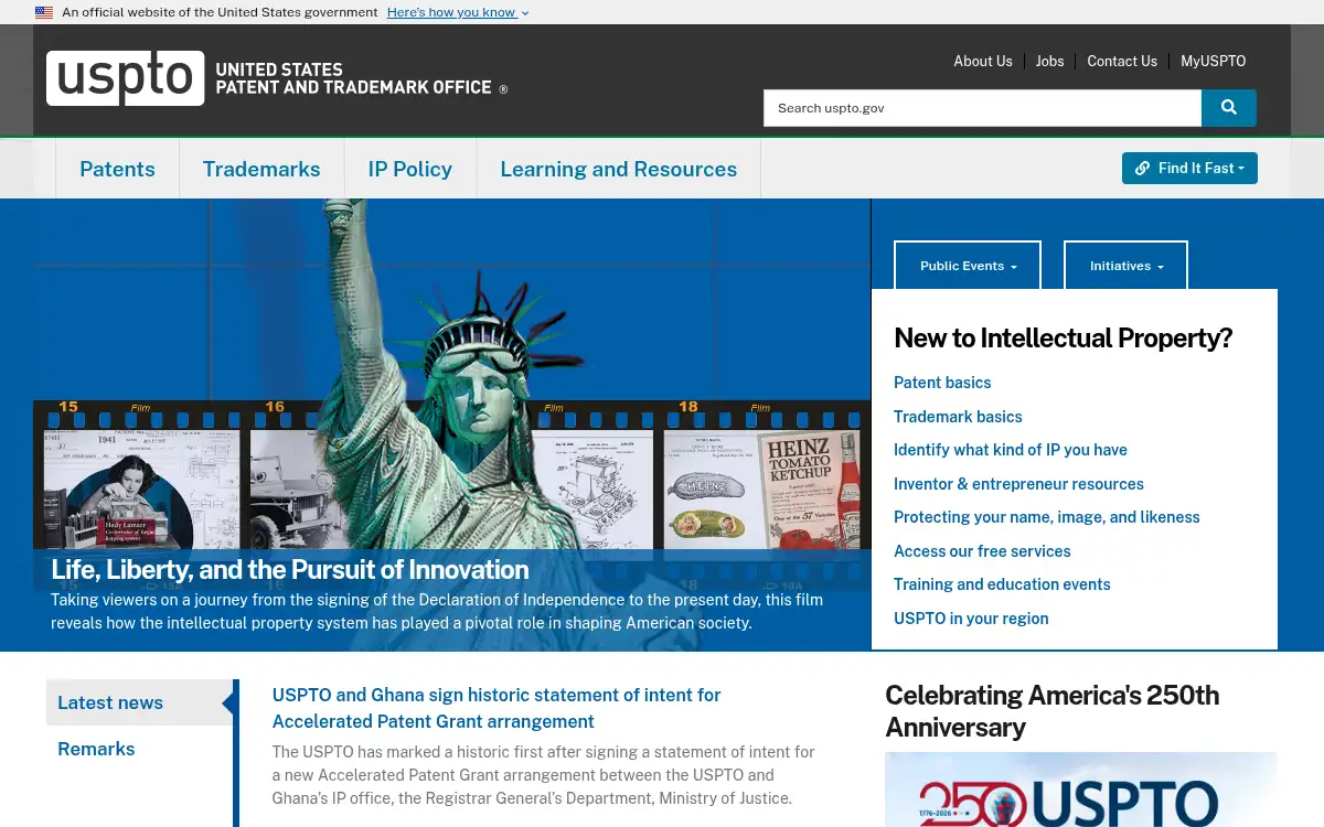 Final screenshot of https://www.uspto.gov