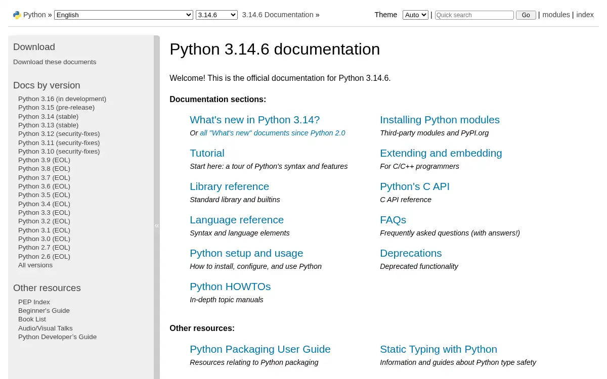 Final screenshot of https://docs.python.org