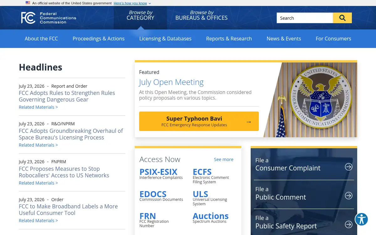 Final screenshot of https://www.fcc.gov