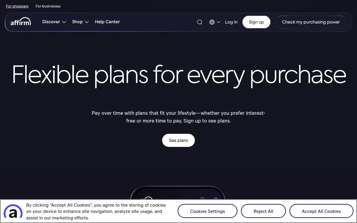 Final screenshot of https://www.affirm.com