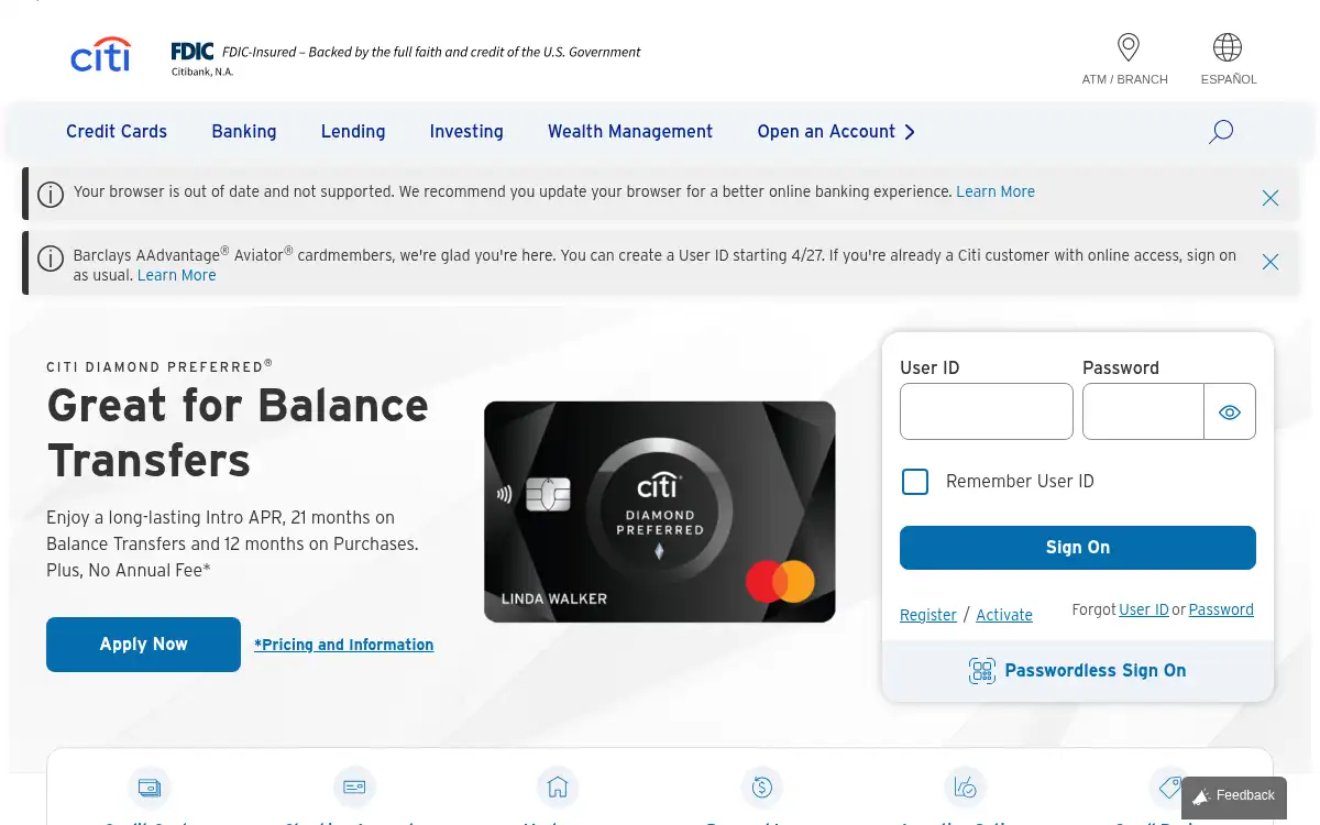 Final screenshot of https://www.citi.com