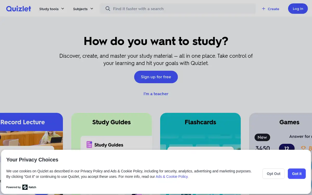 Final screenshot of https://www.quizlet.com