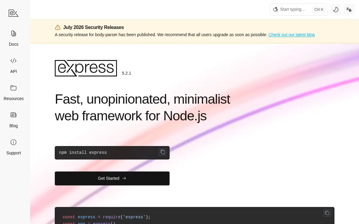 Final screenshot of https://www.expressjs.com