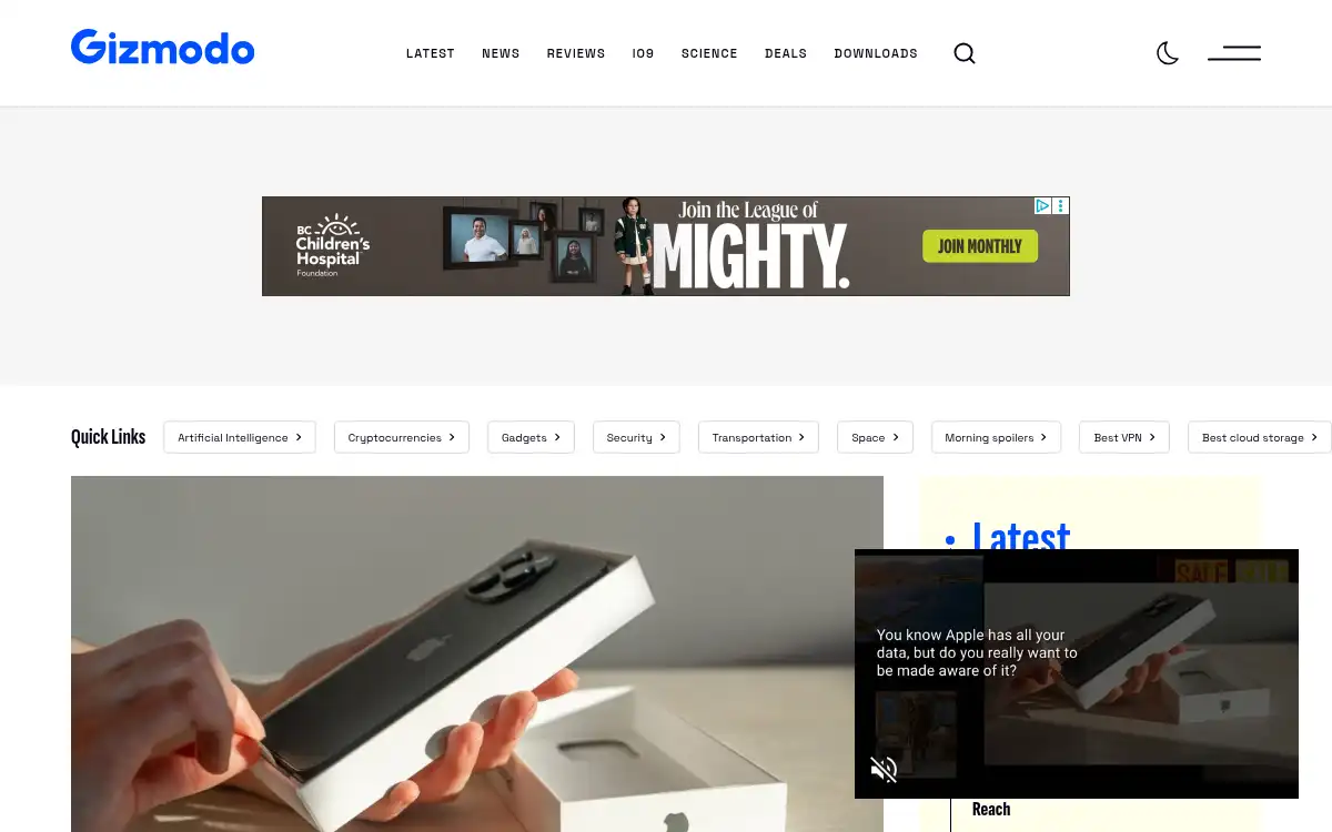 Final screenshot of https://www.gizmodo.com