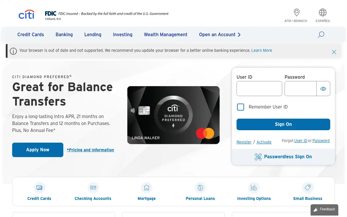 www.citi.com screenshot