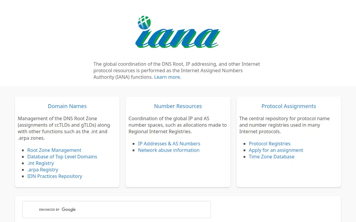 www.iana.org screenshot