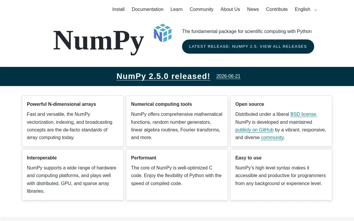 www.numpy.org screenshot