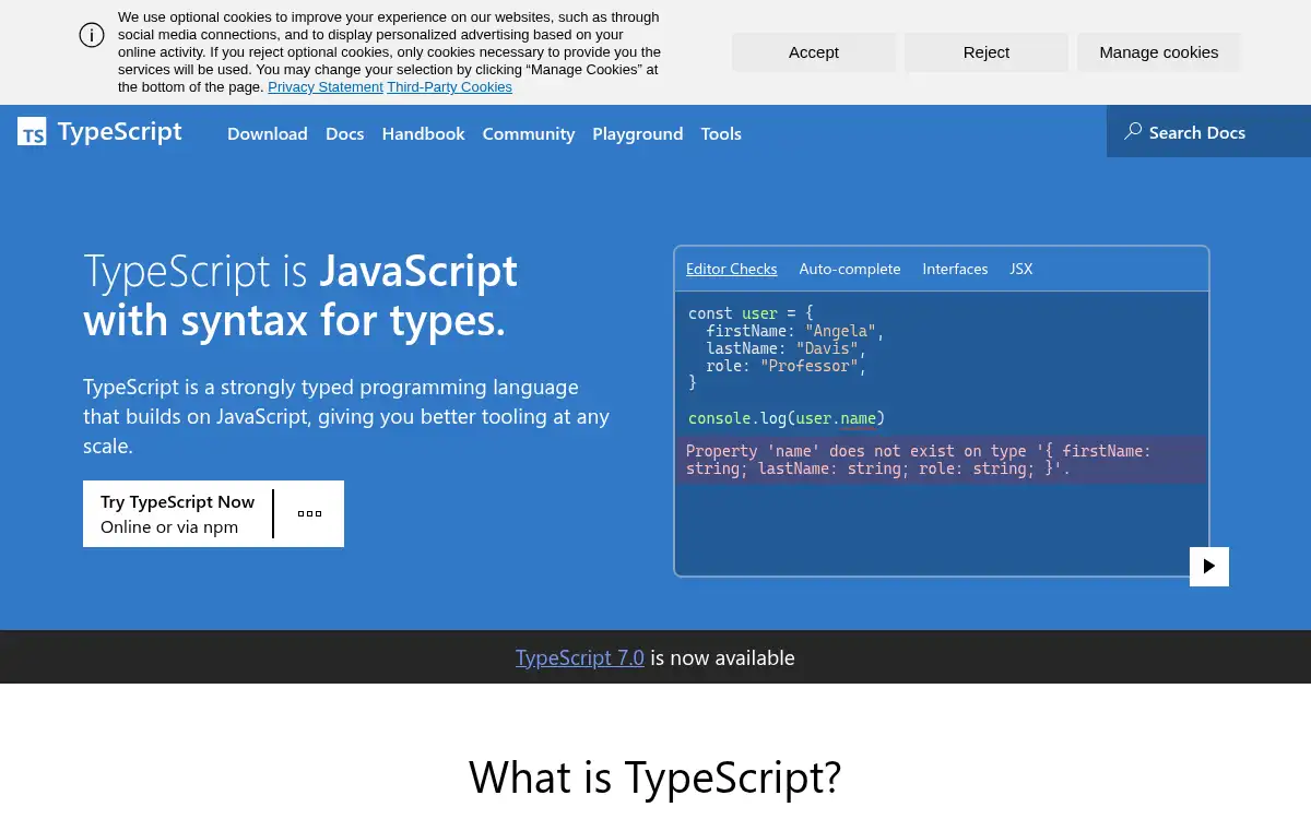 Final screenshot of https://www.typescriptlang.org