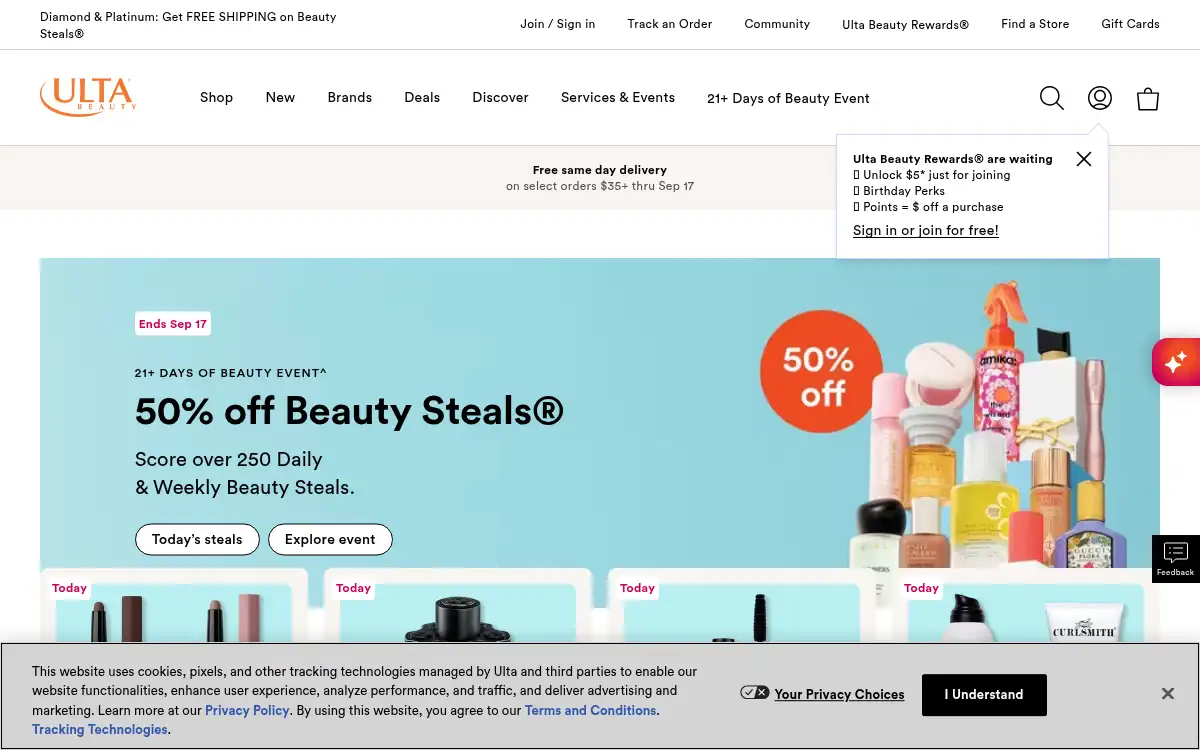 Final screenshot of https://www.ulta.com