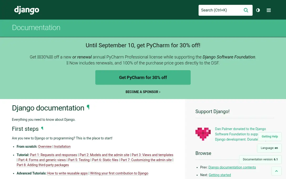 Final screenshot of https://docs.djangoproject.com