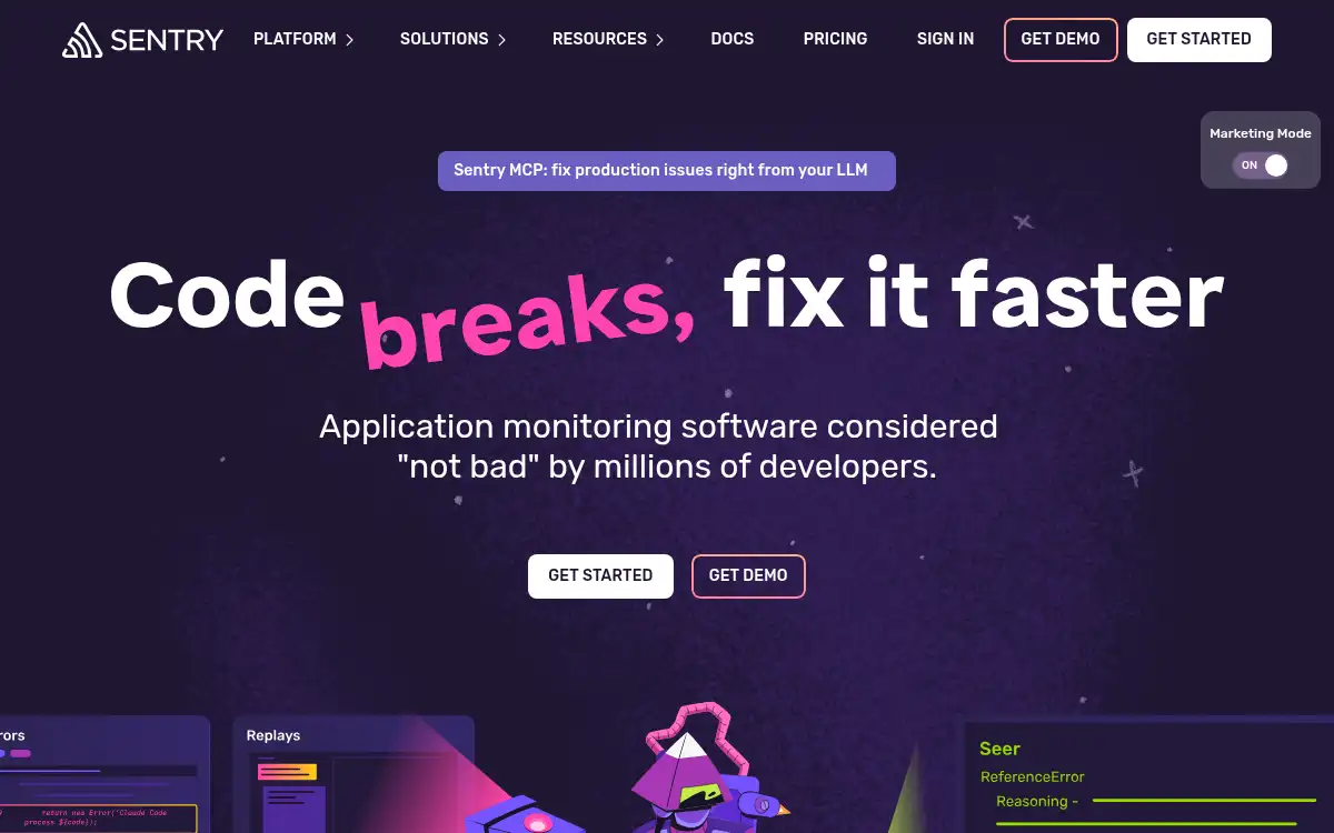 Final screenshot of https://www.sentry.io