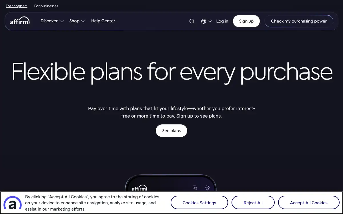 Final screenshot of https://www.affirm.com