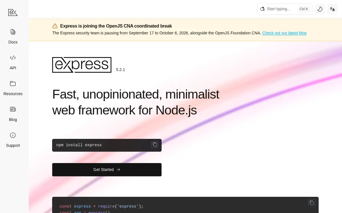 Final screenshot of https://www.expressjs.com