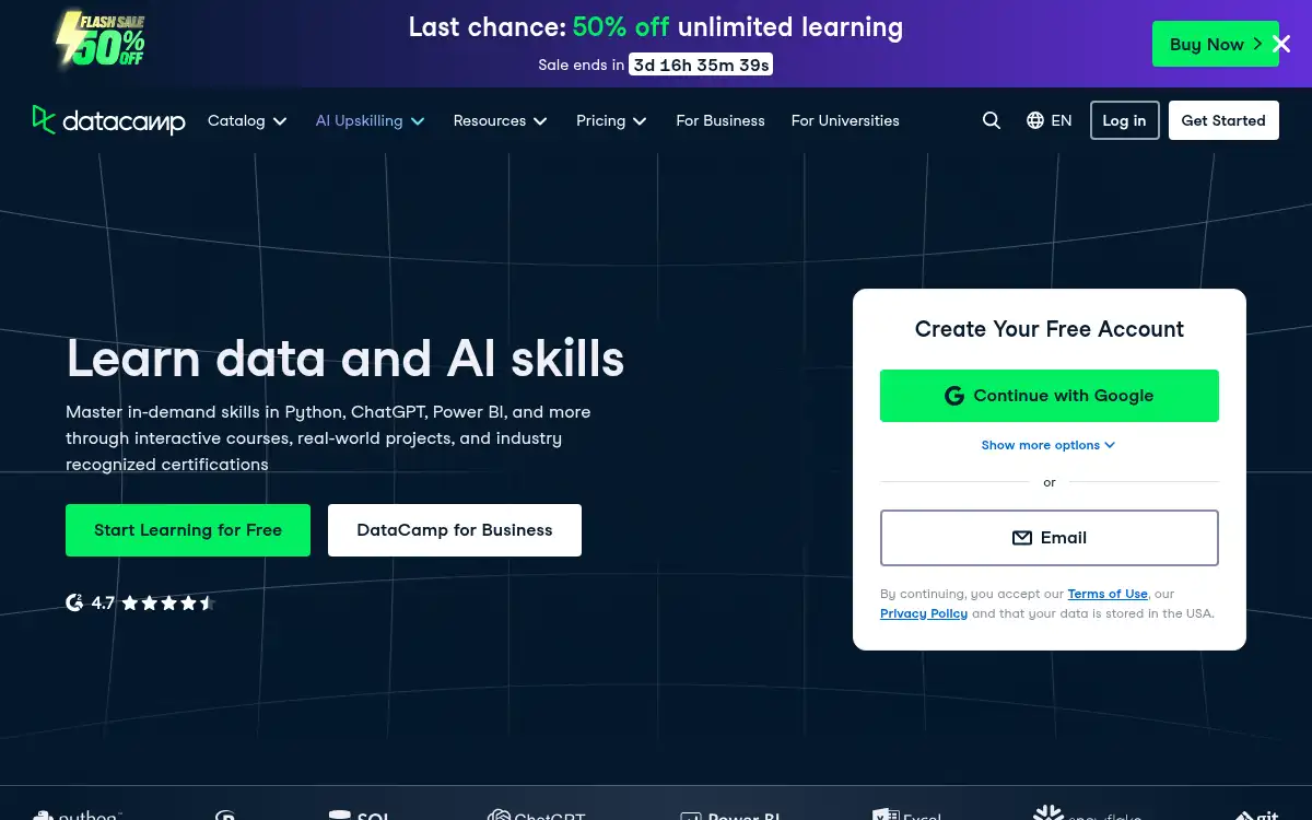 Final screenshot of https://datacamp.com