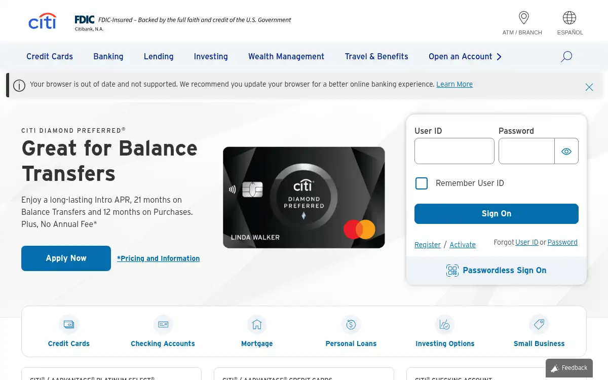 Final screenshot of https://www.citi.com